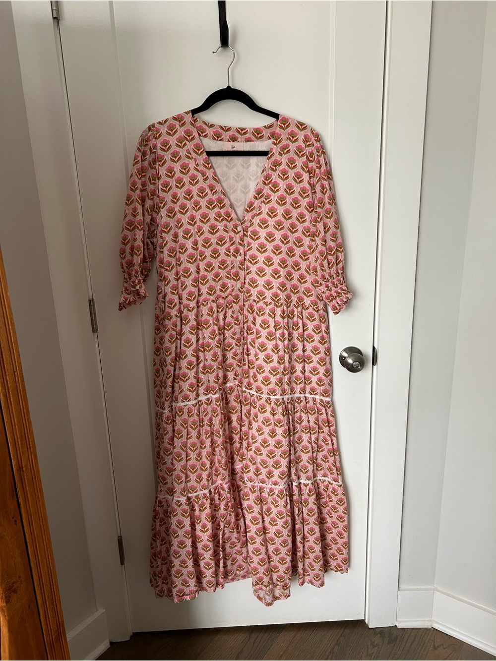 Pink Floral Tiered Maxi Dress with Three-Quarter Sleeves